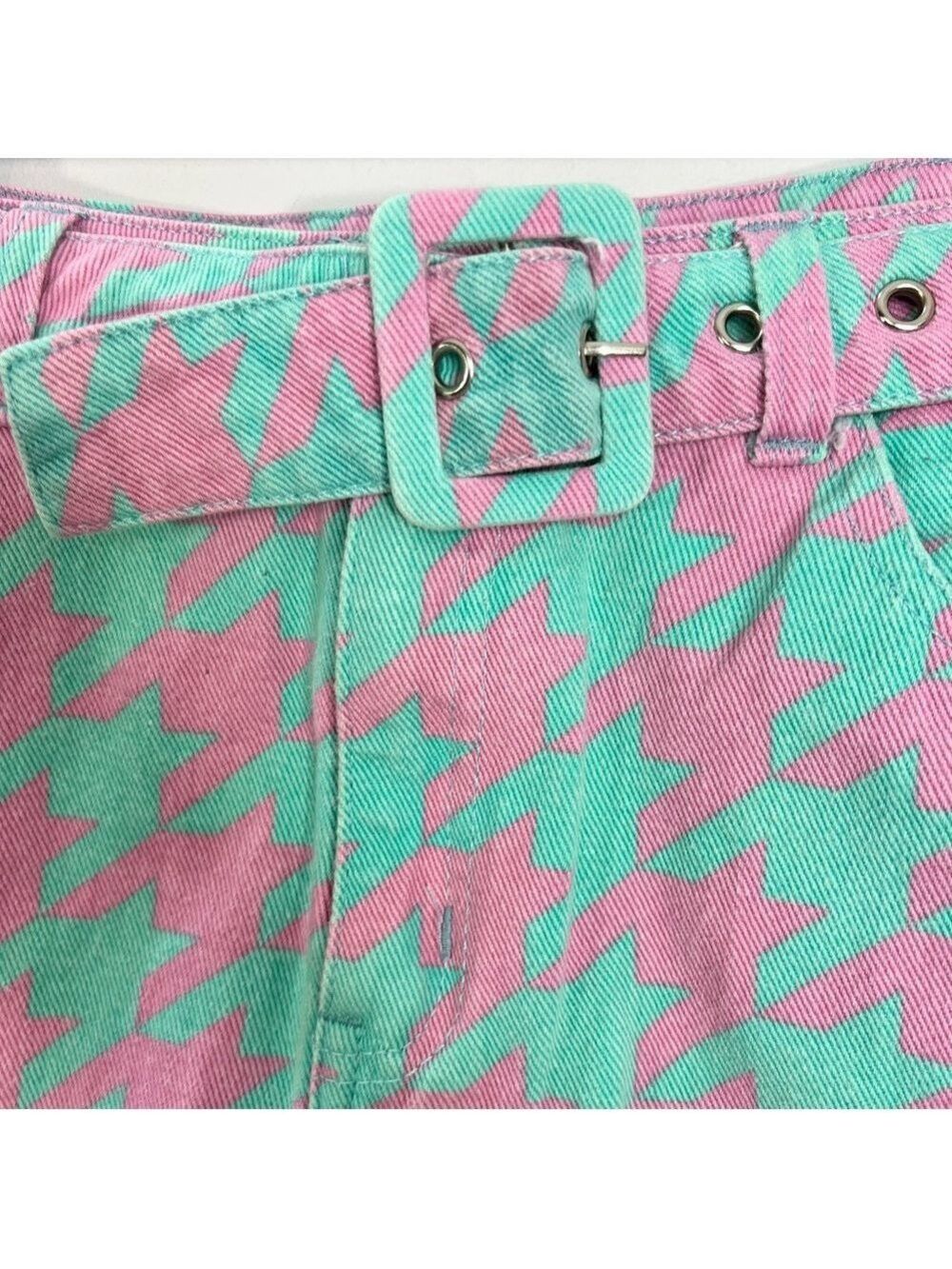 Signature 8 aqua pink houndstooth check belted denim mini skirt M - Picture 4 of 11